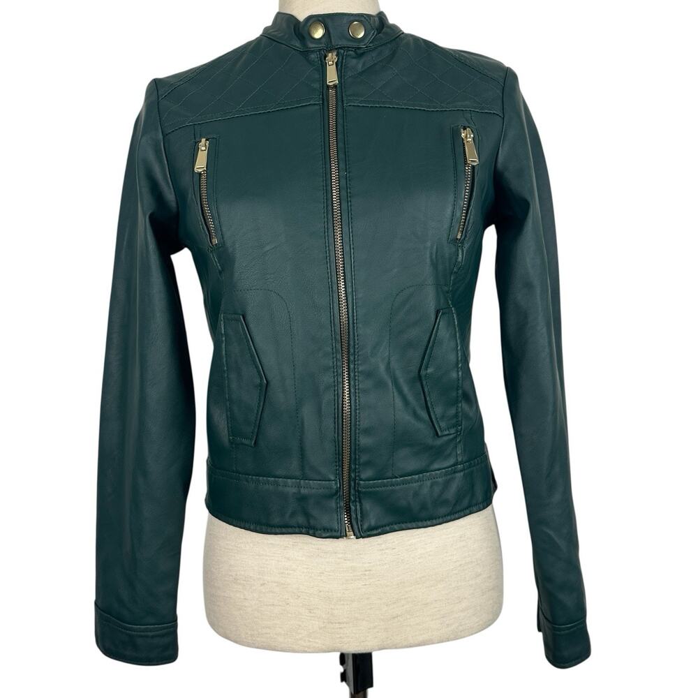 Vintage Y2K Jacket Delias Small Dark Green Faux Vegan Leather Moto Indie Grunge - Picture 2 of 13
